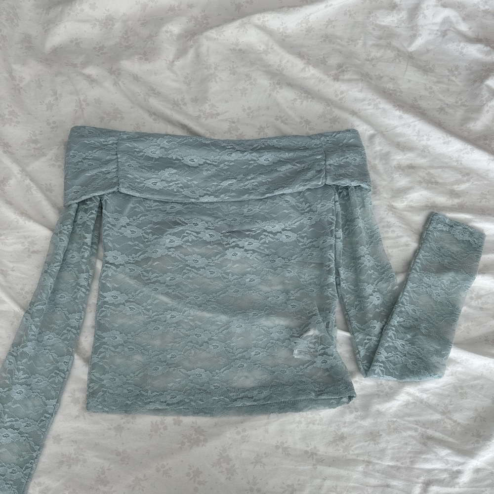 Edikted Lace Overlay Top in Light Blue